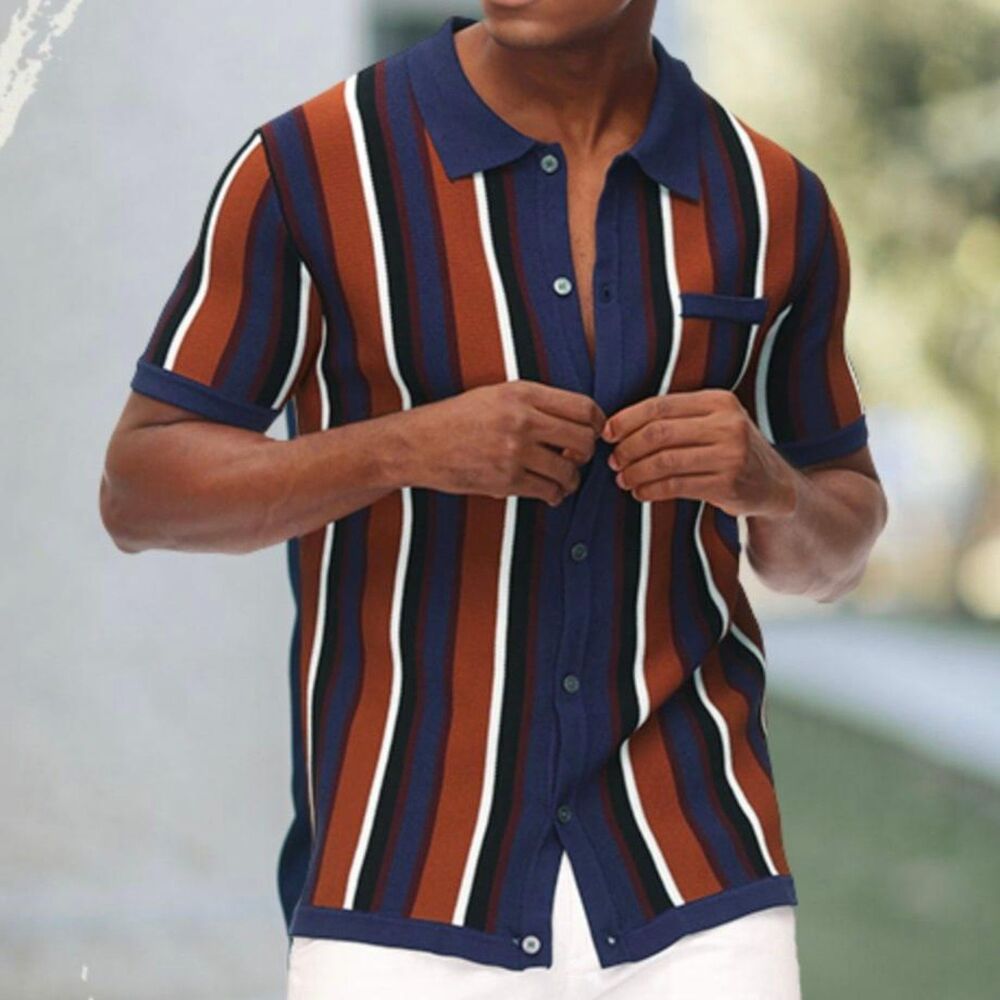 NWT Paul Jones Men 2XL PinStripe Knit Polo Shirt Short Sleeve Button Front Retro